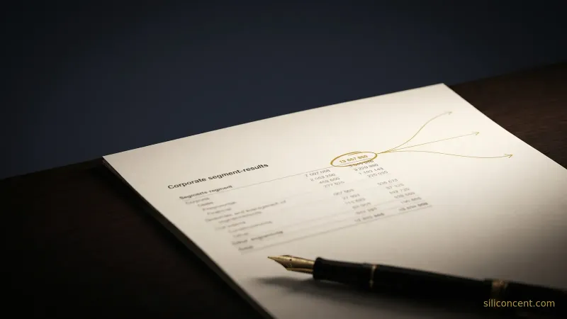 An annual-report financial table photographed at an angle on dark wood, one figure circled in gold ink with thin gold lines branching outward across the page.