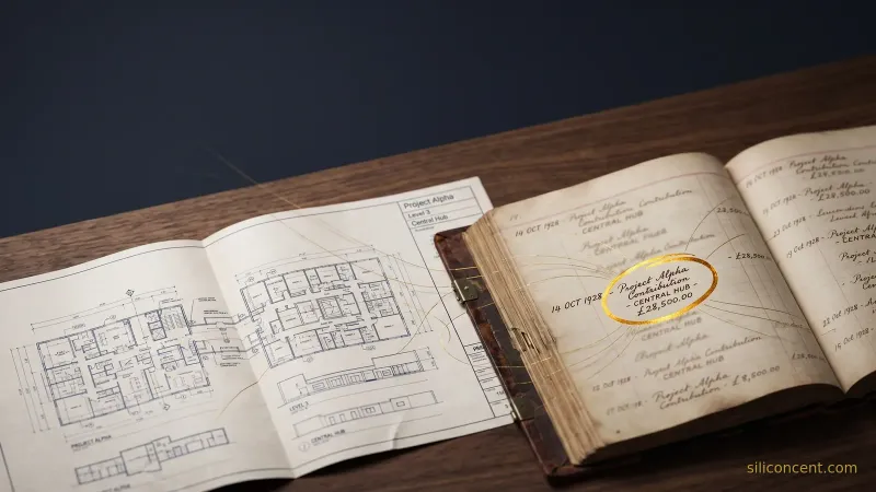 An open architectural blueprint and ledger on dark wood with one entry circled in gold ink, faint gold lines radiating outward like an open standard spreading.