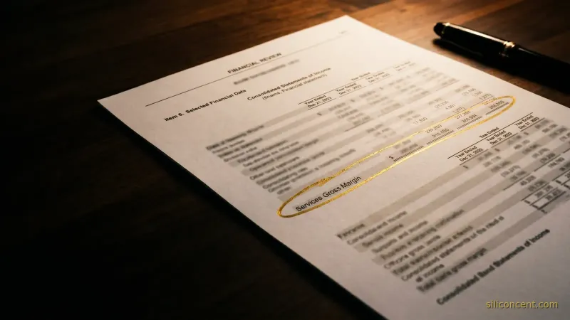 A printed financial statement page on dark wood with one gross-margin figure circled in gold ink under a single raking light.