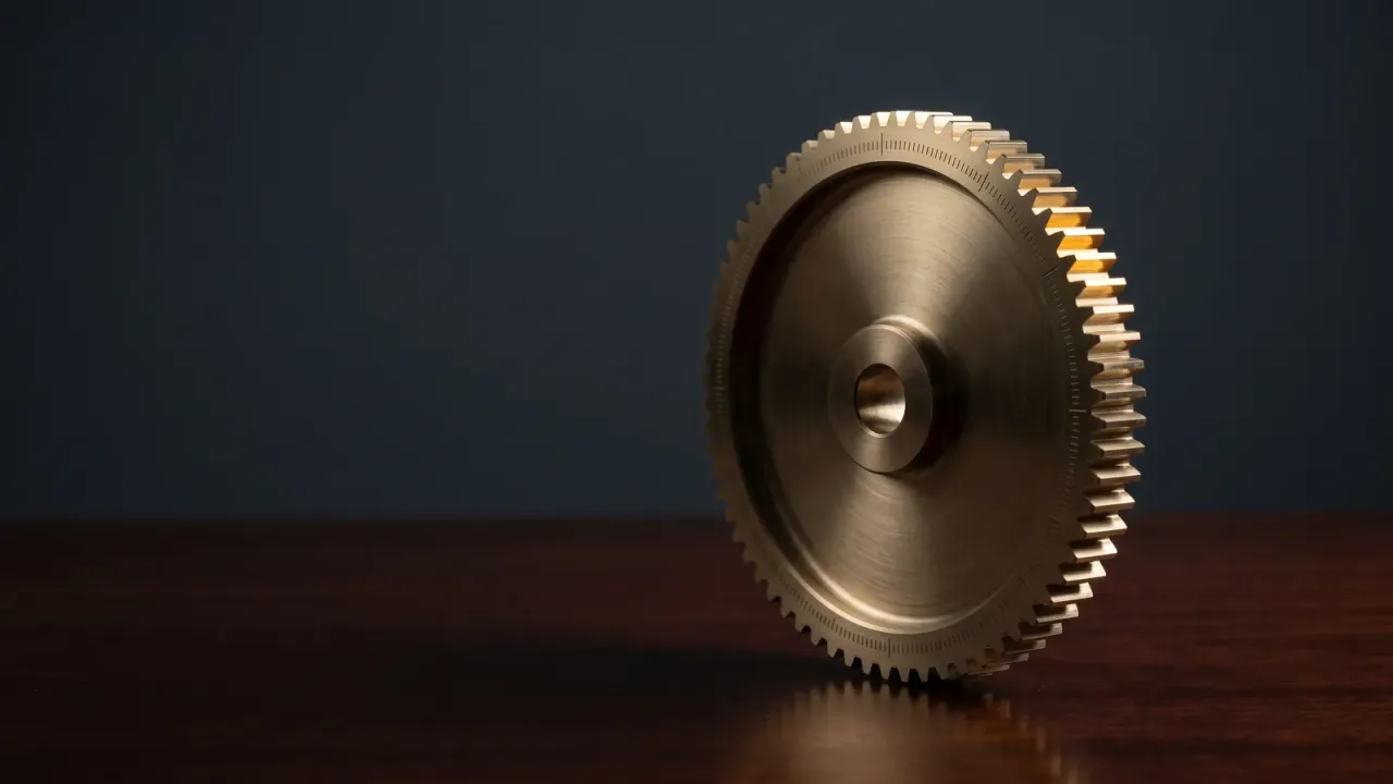 A machined brass flywheel gear on dark wood with a single tooth caught in a gold highlight, low-key editorial lighting.