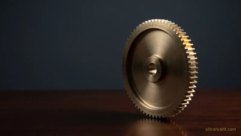A machined brass flywheel gear on dark wood with a single tooth caught in a gold highlight, low-key editorial lighting.