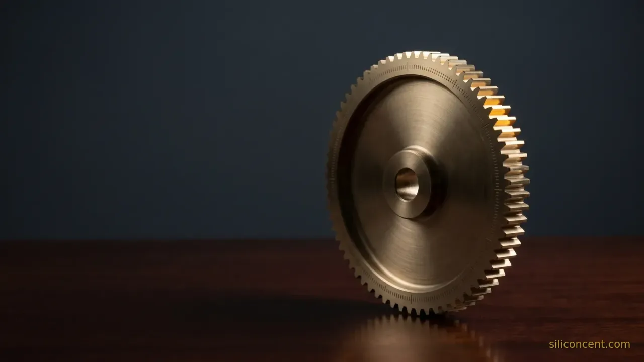 A machined brass flywheel gear on dark wood with a single tooth caught in a gold highlight, low-key editorial lighting.