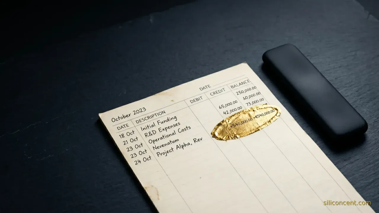 A printed financial ledger on a dark slate desk with one revenue line circled in gold ink, beside a matte-black remote lit by a single gold reflection.