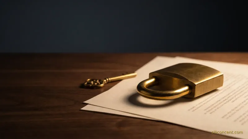 A brass padlock and ornate key resting on an enterprise software agreement, a Microsoft Copilot enterprise lock-in metaphor in slate and gold.