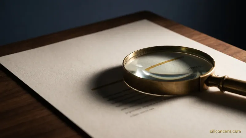 A brass magnifying glass lighting one line gold while shadowing the rest, a Google AI Overviews tradeoff metaphor in slate and gold.