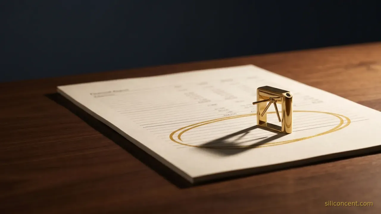 A financial statement page on dark wood with a services line circled in gold and a small brass toll-gate barrier on it, under a single key light