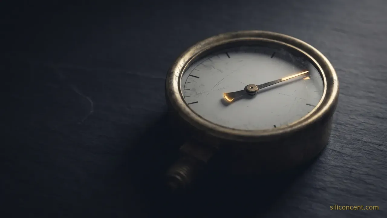 An antique brass pressure gauge on dark slate with its gold needle swung near a threshold, low-key editorial lighting