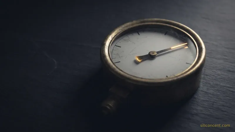 An antique brass pressure gauge on dark slate with its gold needle swung near a threshold, low-key editorial lighting