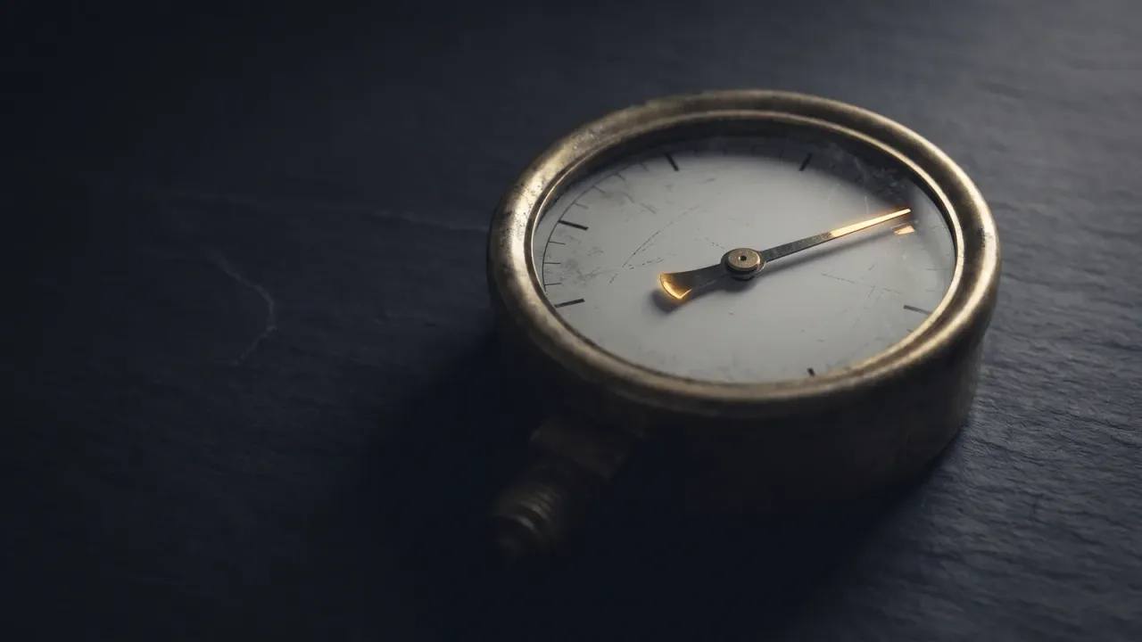 An antique brass pressure gauge on dark slate with its gold needle swung near a threshold, low-key editorial lighting