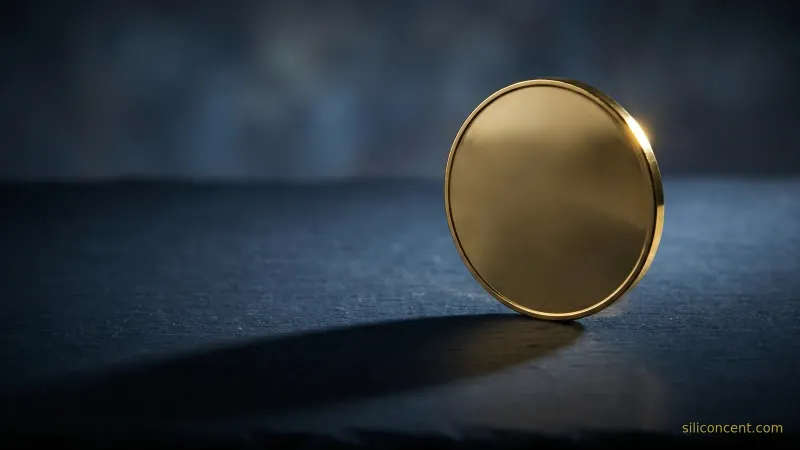 A brass coin balanced on its edge on slate catching a gold rim light, a Netflix vs YouTube two-sides-of-attention metaphor.