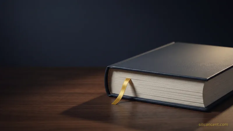 A bound IPO prospectus on dark wood with a single gold ribbon bookmark, an editorial how-to-read-a-tech-S-1 still life in slate and gold