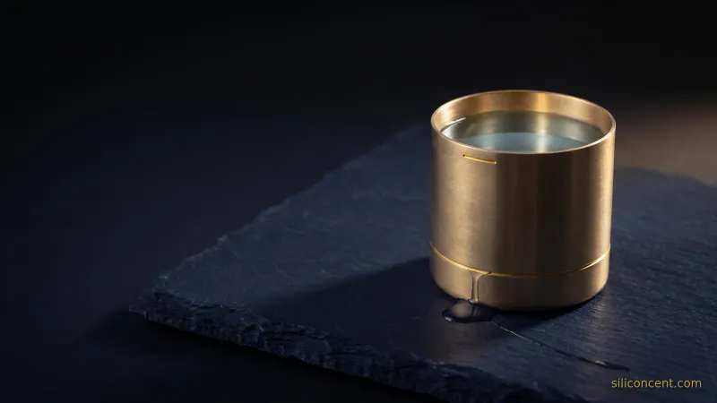 A brass measuring vessel on slate with a gold fill-line and a faint leak seam, a gross-vs-net retention metaphor in slate and gold