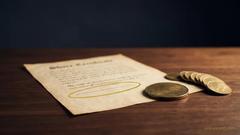 An engraved share certificate with a gold-circled line beside one large and several small brass coins, a stock-based-compensation dilution metaphor