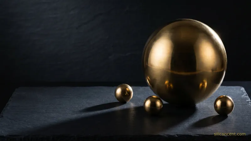One large brass sphere beside a few small ones casting long shadows on slate, a customer-concentration-risk metaphor in slate and gold