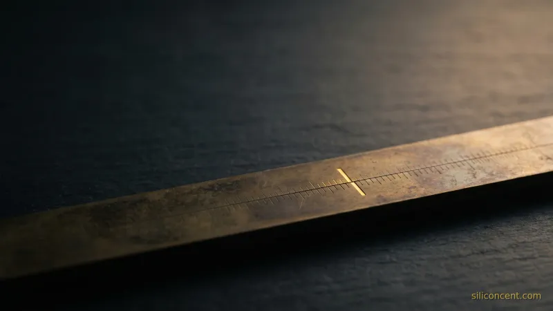 A vintage brass slide rule on slate with one gold-highlighted gradation marking a threshold, a Rule of 40 metaphor in slate and gold