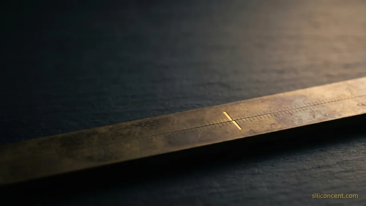 A vintage brass slide rule on slate with one gold-highlighted gradation marking a threshold, a Rule of 40 metaphor in slate and gold