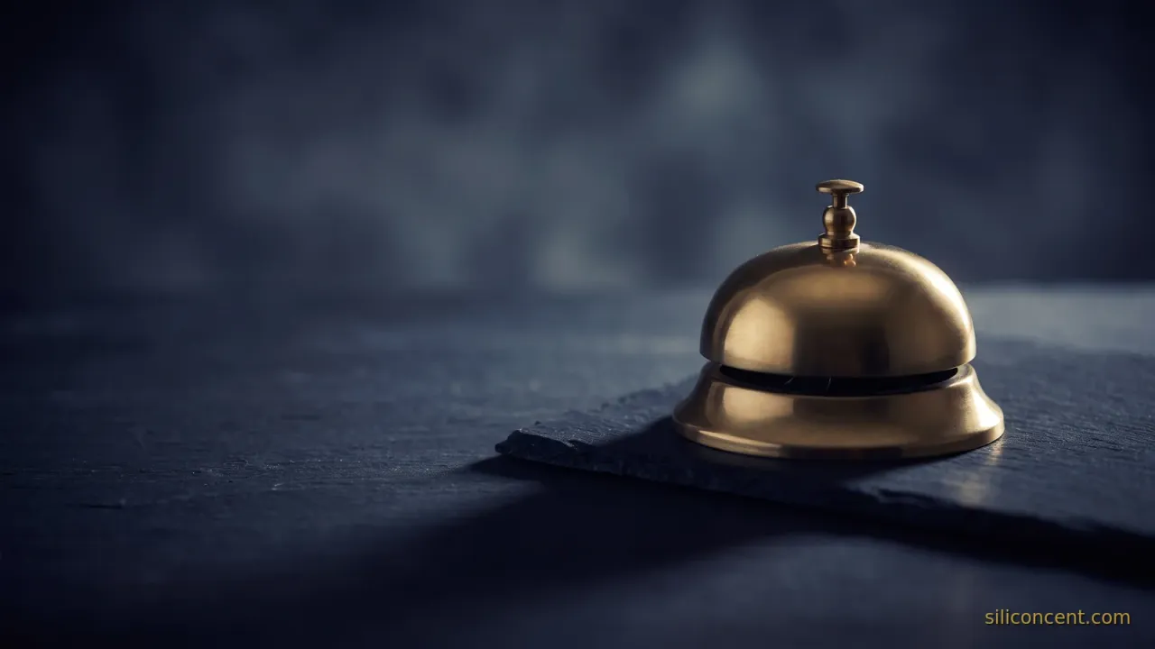 A polished brass desk bell on slate catching a gold highlight, an editorial how-to-analyze-a-SaaS-IPO still life in slate and gold