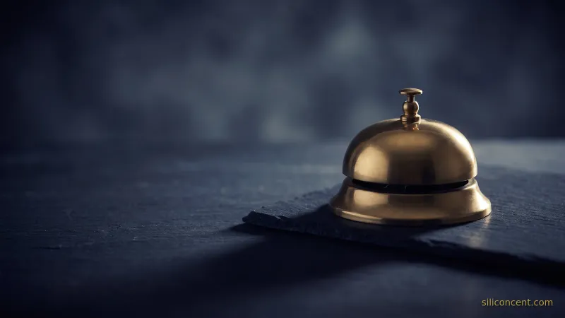 A polished brass desk bell on slate catching a gold highlight, an editorial how-to-analyze-a-SaaS-IPO still life in slate and gold