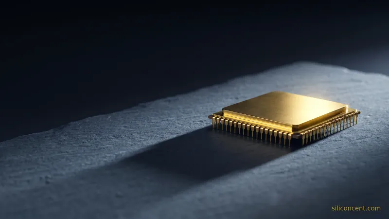 A gold microprocessor chip on slate casting a long oversized shadow, an AI-startup-valuation cost-structure metaphor in slate and gold