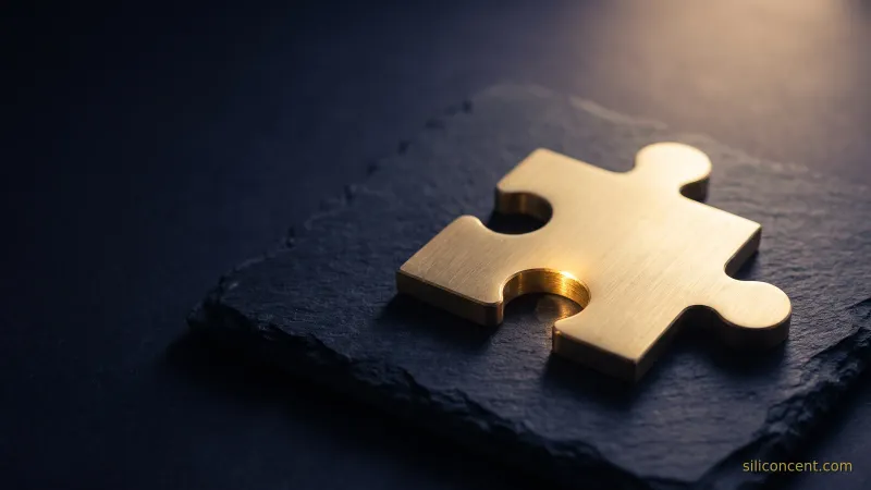 Two brass jigsaw puzzle pieces, one large and one small, interlocking on slate with a gold-lit join, a strategic-acquisition-vs-tuck-in metaphor