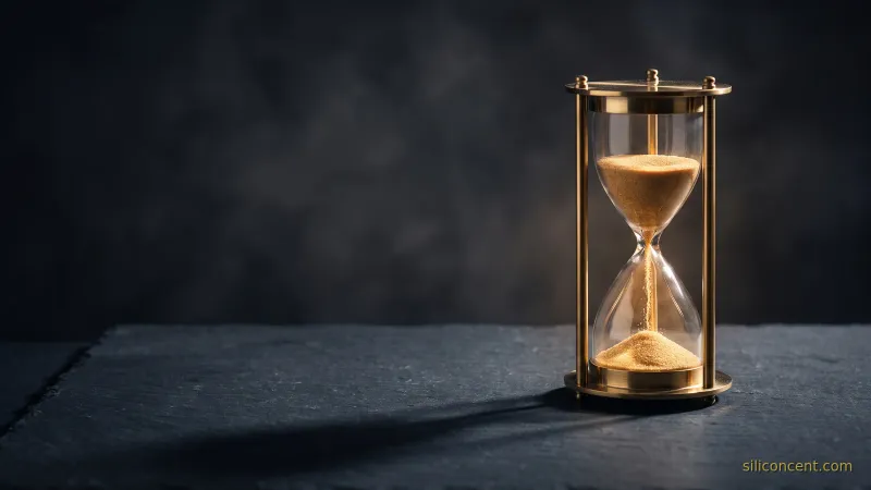 A brass hourglass with glowing gold sand on slate, a CAC-payback-period metaphor in slate and gold