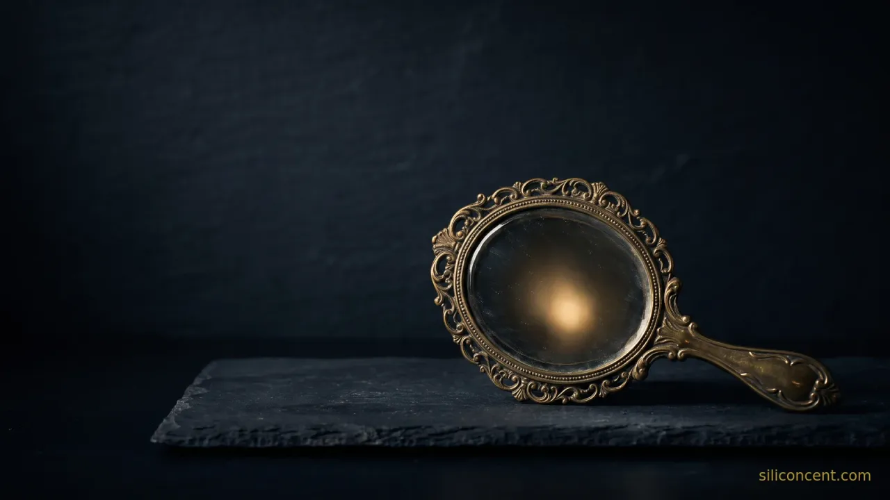 An ornate brass hand mirror with a warm gold glow on slate, an LTV-models-where-founders-lie-to-themselves metaphor