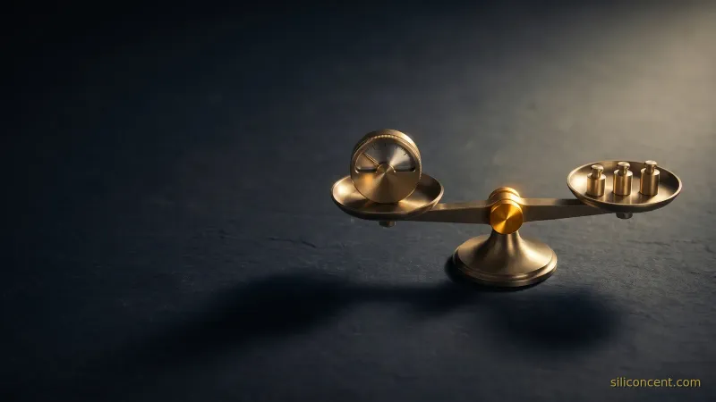 A brass balance scale on dark slate weighing a metering dial against a row of seats, with a single gold highlight on the fulcrum