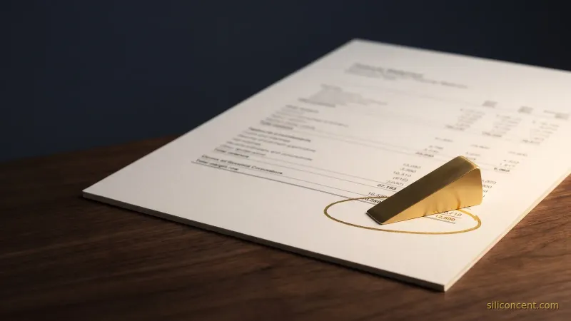 A financial statement page on dark wood with a margin line circled in gold and a brass keystone wedge resting on it, lit by a single key light