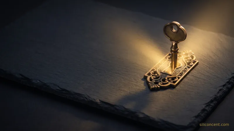 A brass key in an ornate keyhole with gold light spilling out on slate, a free-trial-activation unlock metaphor in slate and gold