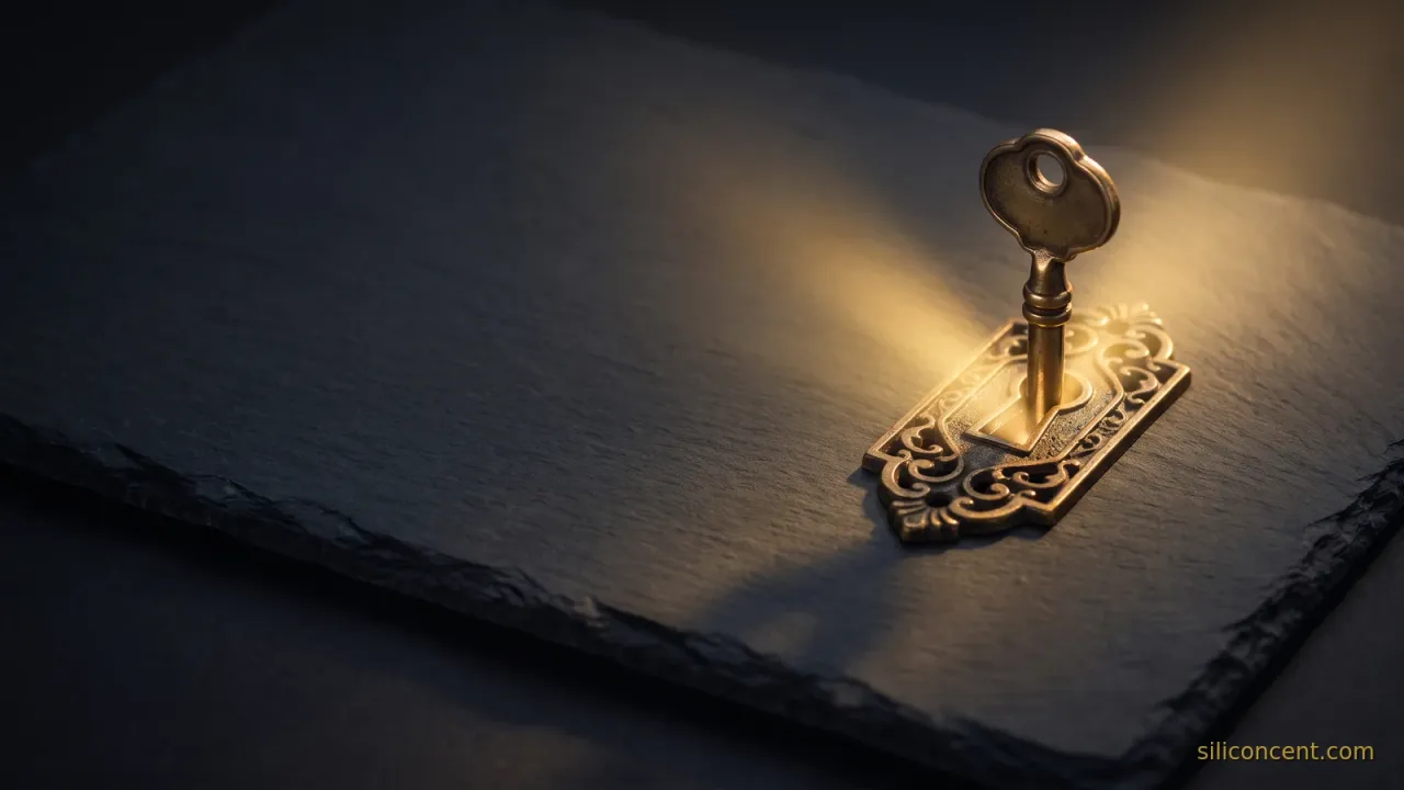 A brass key in an ornate keyhole with gold light spilling out on slate, a free-trial-activation unlock metaphor in slate and gold