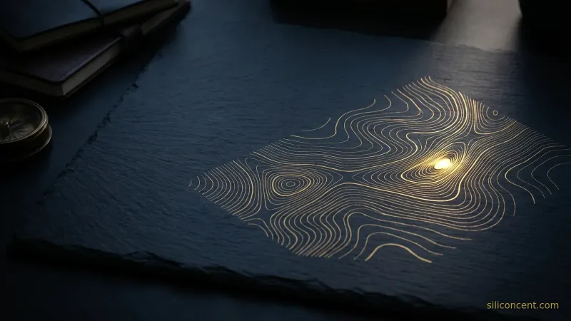 A gold topographic contour map etched on dark slate with a single glowing convergence point, an editorial market-map still life