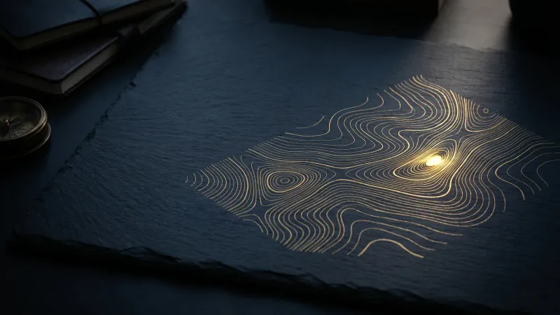 A gold topographic contour map etched on dark slate with a single glowing convergence point, an editorial market-map still life