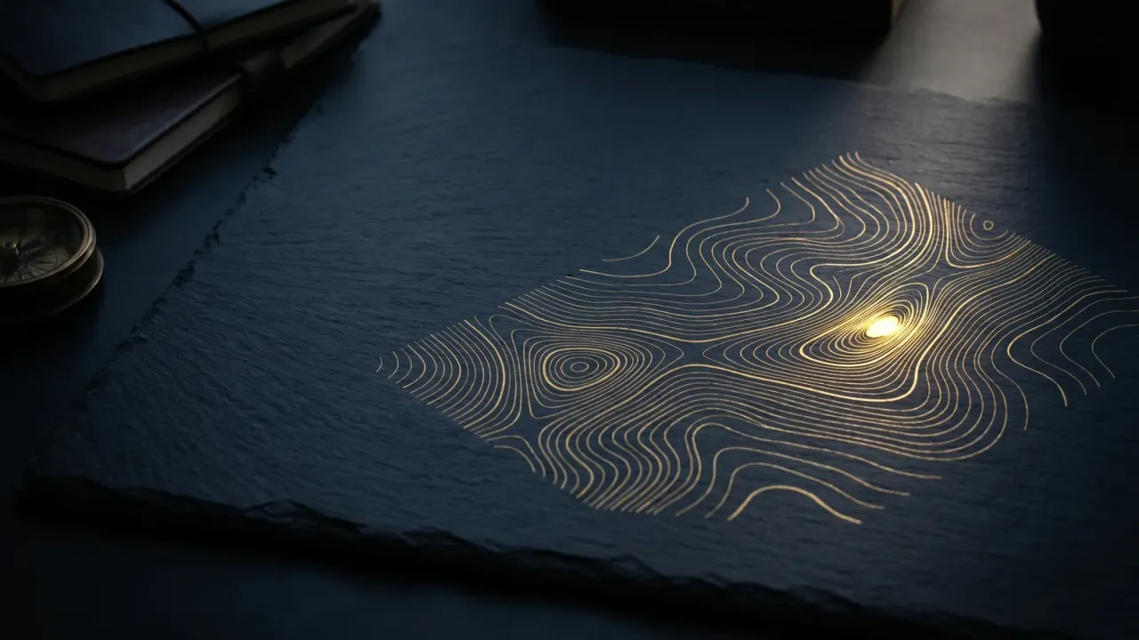 A gold topographic contour map etched on dark slate with a single glowing convergence point, an editorial market-map still life