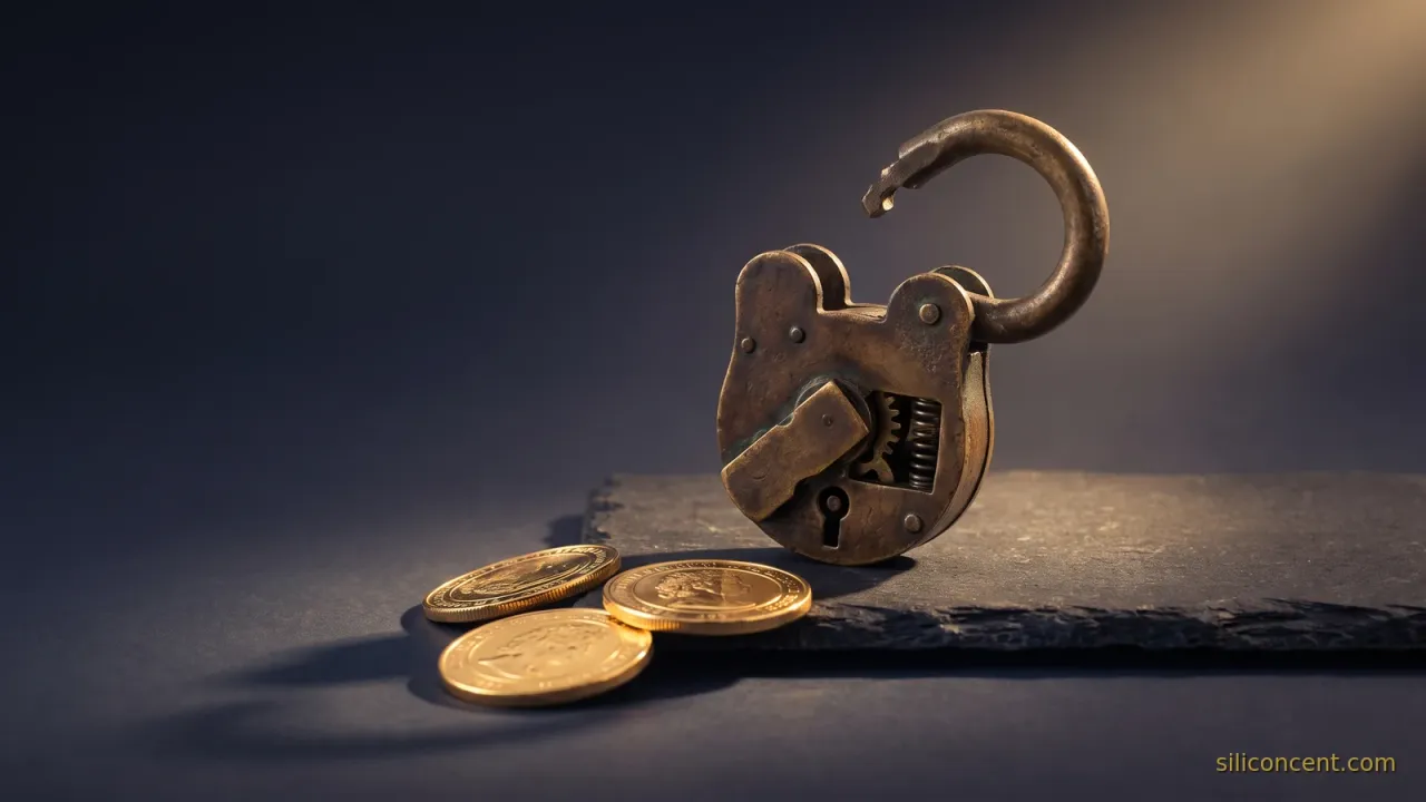An open brass padlock beside gold coins on slate, an open-source-business-models that monetize metaphor in slate and gold