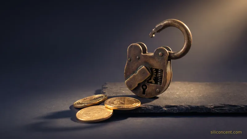 An open brass padlock beside gold coins on slate, an open-source-business-models that monetize metaphor in slate and gold