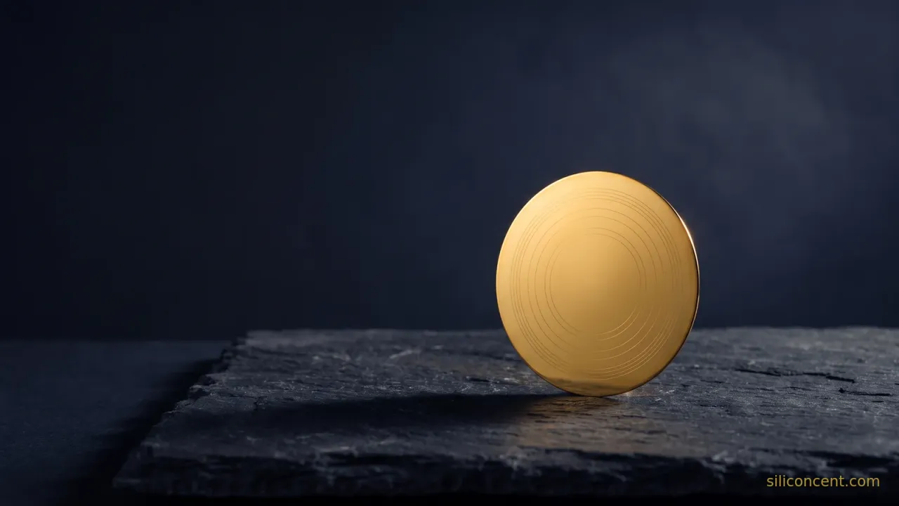 A circular gold silicon wafer standing on slate catching a gold highlight, a how-NVIDIA-makes-money metaphor in slate and gold