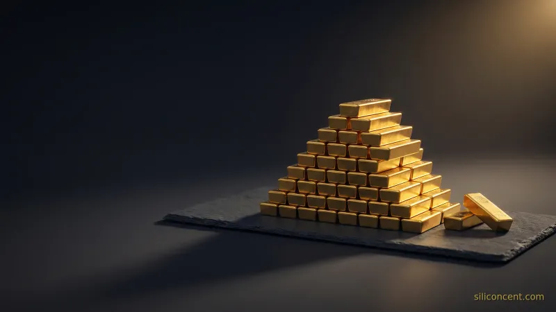 A tall stack of gold bars on slate casting long shadows, an AI-capex-arms-race spending metaphor in slate and gold