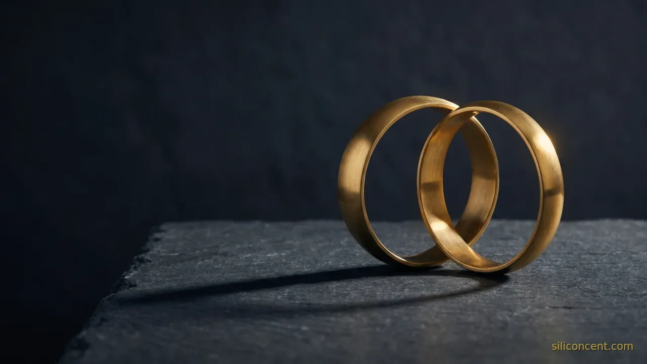 Two interlocking gold rings on slate catching a gold highlight, a Microsoft-and-OpenAI deal metaphor in slate and gold