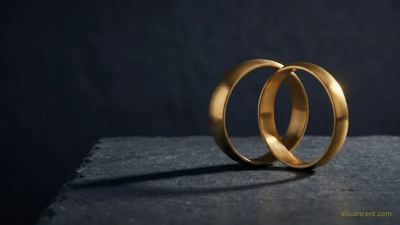 Two interlocking gold rings on slate catching a gold highlight, a Microsoft-and-OpenAI deal metaphor in slate and gold
