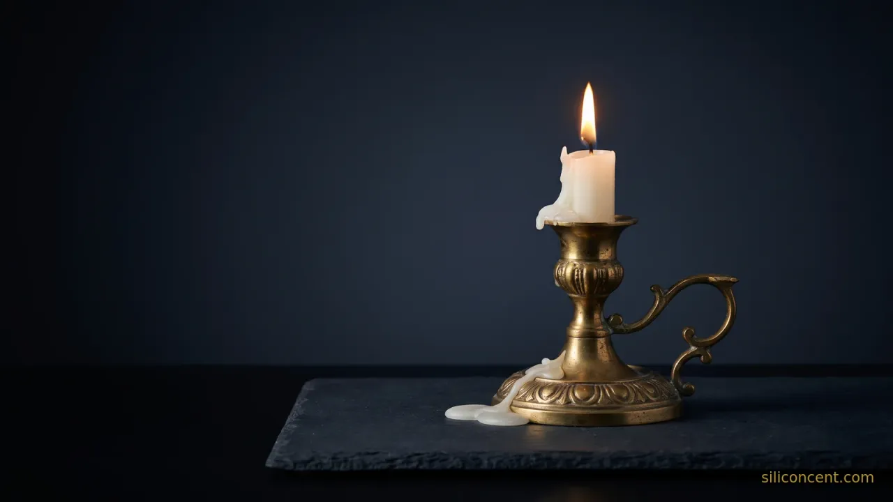 A brass candlestick with a low-burned candle and small gold flame on slate, a burn-multiple efficiency metaphor in slate and gold