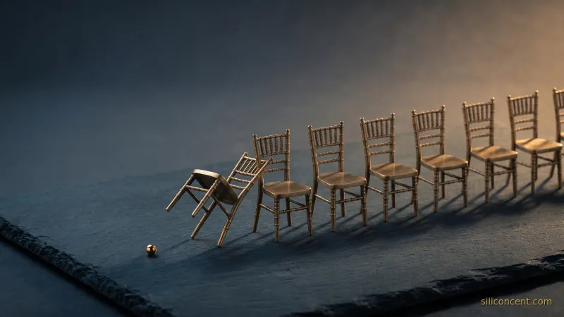 A row of small brass chairs on slate with one tipped over, an AI-breaking-per-seat-SaaS-pricing metaphor in slate and gold