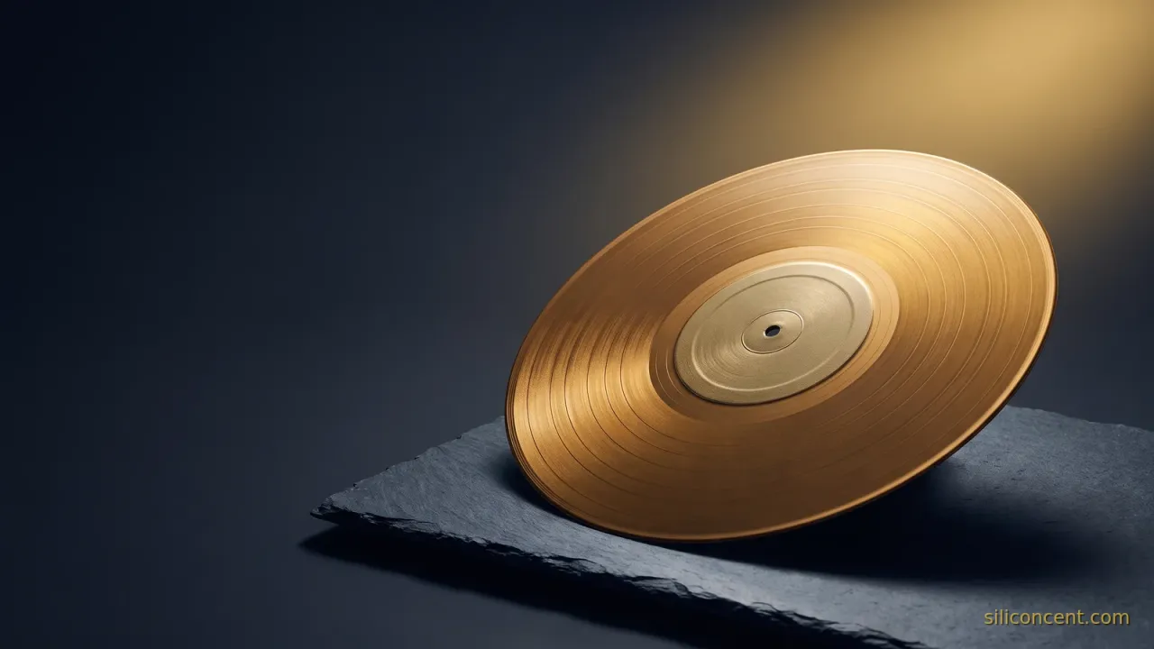 A gold vinyl record on slate catching a gold highlight on its grooves, a how-Spotify-makes-money metaphor in slate and gold