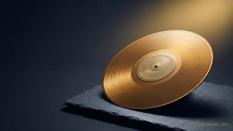 A gold vinyl record on slate catching a gold highlight on its grooves, a how-Spotify-makes-money metaphor in slate and gold