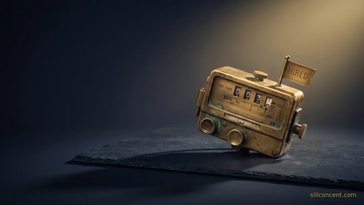 A vintage brass taxi fare meter on slate catching a gold highlight, a how-Uber-makes-money metaphor in slate and gold