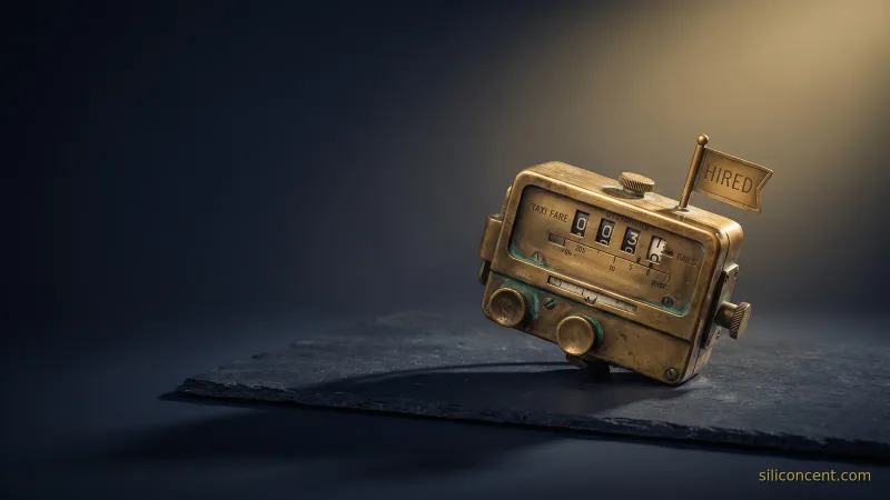 A vintage brass taxi fare meter on slate catching a gold highlight, a how-Uber-makes-money metaphor in slate and gold