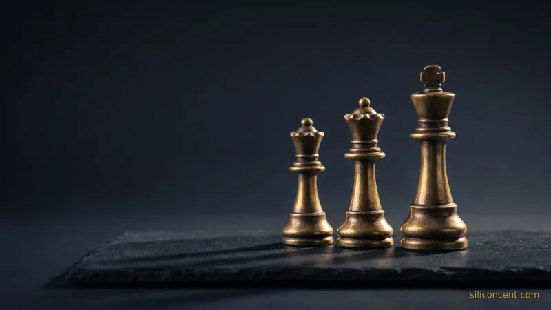 Three brass chess pieces of graduated sizes on slate, an AWS-vs-Azure-vs-Google-Cloud rivalry metaphor in slate and gold