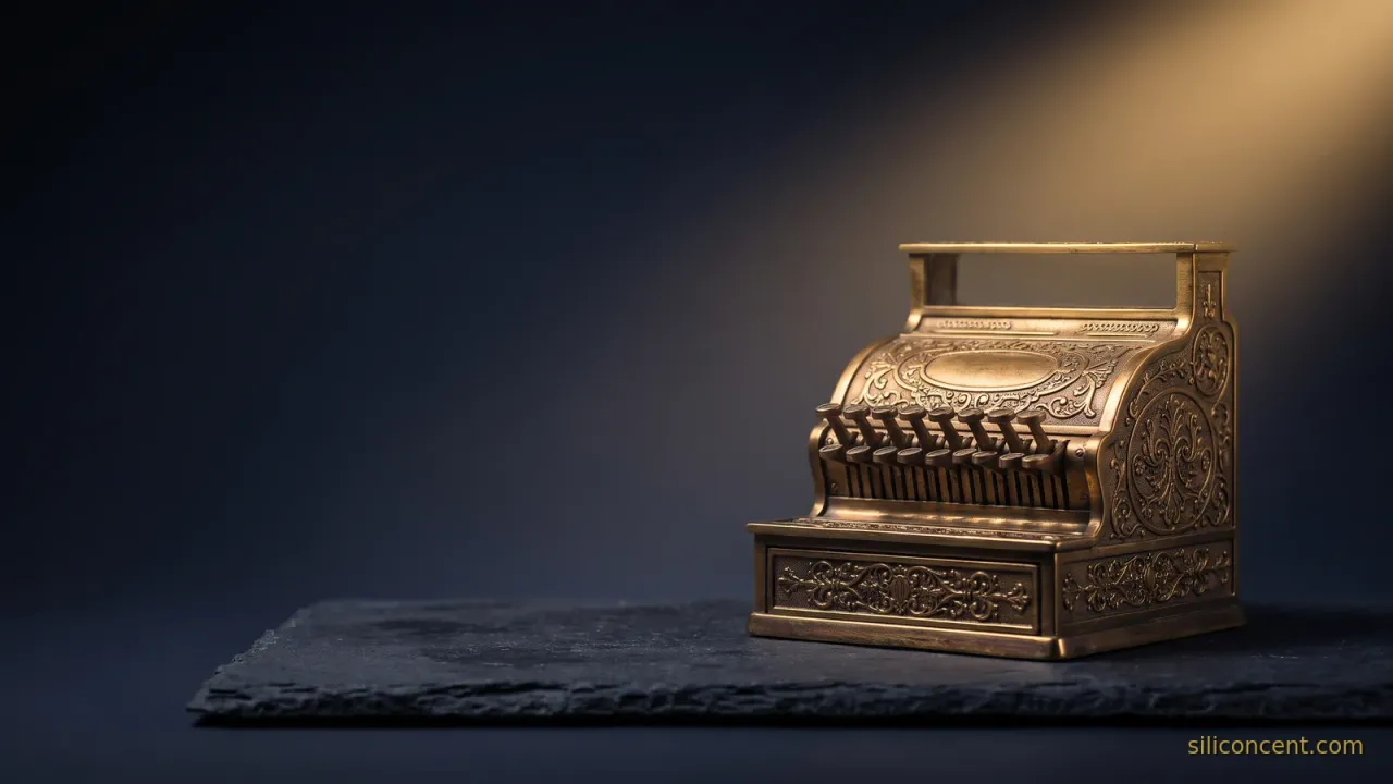 An ornate vintage brass cash register on slate under a gold light beam, a how-Shopify-makes-money take-rate metaphor in slate and gold