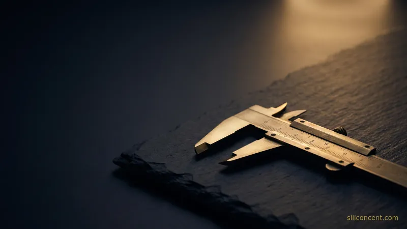 A precision brass caliper on slate catching a gold highlight, a vertical-SaaS specialized-precision metaphor in slate and gold