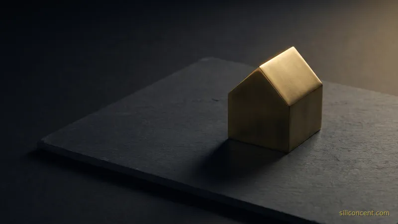 A small polished brass model house on slate catching a gold highlight, a how-Airbnb-makes-money marketplace metaphor in slate and gold
