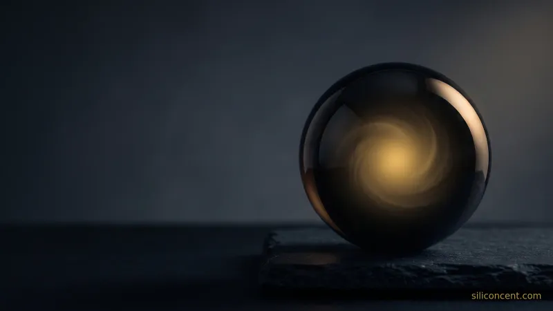 A dark polished orb with a warm gold glow inside on slate, a how-Palantir-makes-money seeing-patterns-in-data metaphor